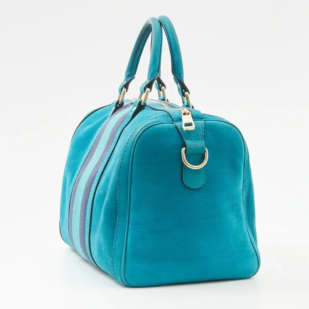Authentic Gucci Teal Blue Suede Web Boston Bag - Picture 3 of 16